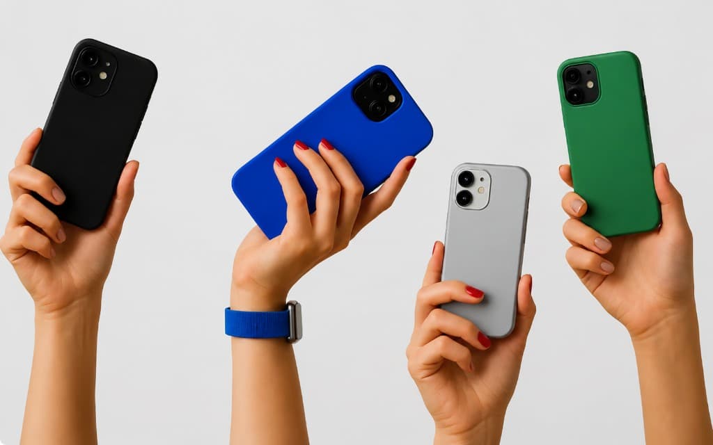 Verschiedene Smartphones in Schwarz, Blau, Silber und Grün in der Hand gehalten